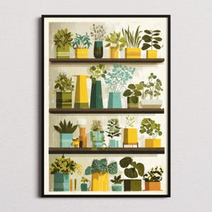 May include: A framed art print featuring a collection of potted plants arranged on shelves. The illustration showcases various green plants in colorful pots and vases, with yellow, teal, and brown accents. The artwork has a vintage, mid-century modern aesthetic.