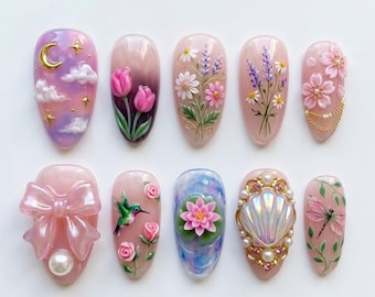 3D Pink Bow Coquette Press On Nails, Mix and Match Spring Floral Fairycore Fake Nails, Cherry Blossom & Lotus Nail Art