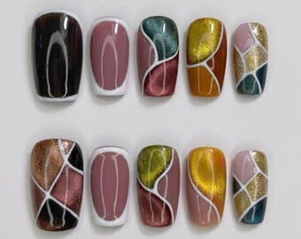Handmade Mosaic Cat Eye Press On Nails | Geometric Abstract Magnetic Art | Modern Velvet Shimmer Fall Nails