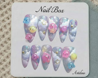 Handmade 3D Kawaii Spirit Press On Nails, Pastel Aura Nail Art Set
