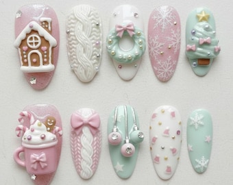 Handmade 3D Gingerbread House Press On Nails, Pastel Christmas Nail Art