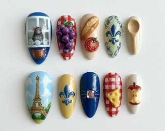 Unghie finte Ratatouille fatte a mano, formaggio 3D, set Parigi francese