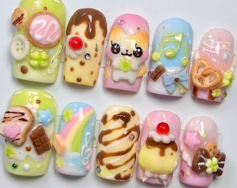 Kawaii Pastel Snoep Cafe Press on Nails - Leuke 3D pompompurinpudding valse nagels - Japanse decora regenboog chocoladewafel nailart