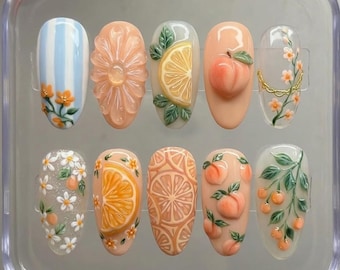 3D Peach & Orange Fruit Press On Nails | Hand-Painted Lemon Slice Daisy Flower Fake Nails | Summer Orchard Inspired Luxury Nails