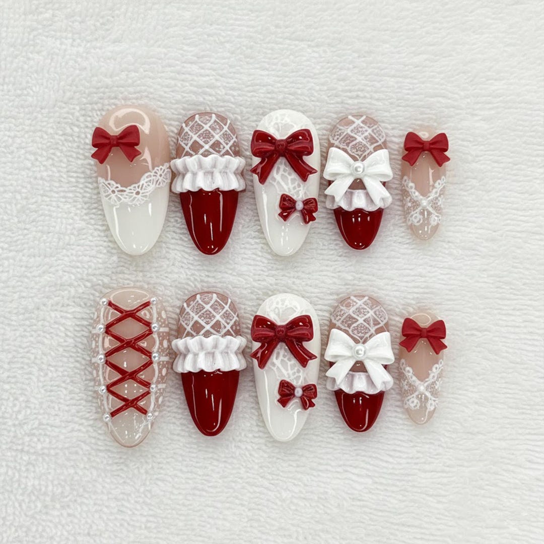 Red Bow Press on Nails, White Lace, Balletcore 3D Ribbon, Handmade - Etsy