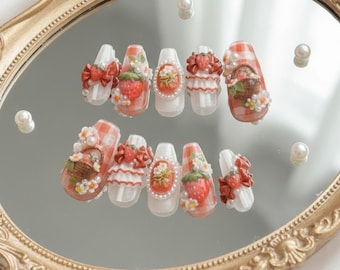 Strawberry Picnic Kawaii Press On Nails, Handmade Cottagecore Floral Nail Art