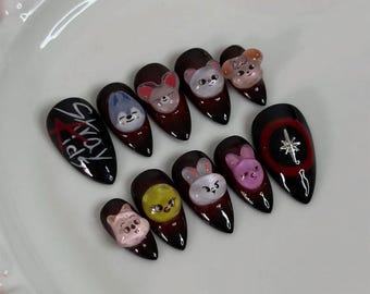 Handmade Stray Kids Black Red Press On Nails | 3D Character Charms & Star Accent | Kpop Fan Nail Set