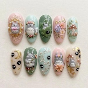 Handmade My Neighbor Totoro Nails, No Face Spirited Away Press Ons, Anime Art Nails, Custom Hand Painted Stiletto Nails, Reusable Nails image 1