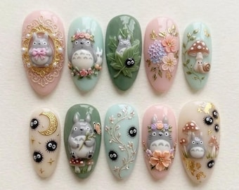 Handgefertigte My Neighbor Totoro Nägel, Kein Gesicht Chihiros Reise ins Zauberland, Anime Art Nails, Benutzerdefinierte handgemalte Stiletto Nägel, wiederverwendbare Nägel