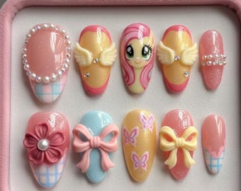 Handmade Fluttershy Pony Press On Nails, 3D Angel Wing, Pink Bow