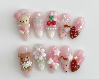 Kawaii Press On Nails: Pink Bear & Cherry Charms, Luxury Sweetcore Foodie Nail Art