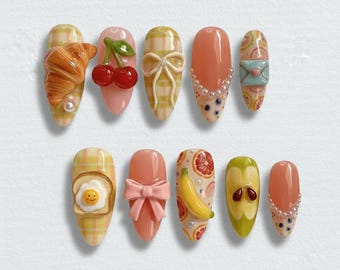 Handmade 3D Food Press On Nails, Cartoon Nail Art