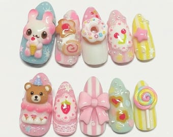 Handmade Kawaii Press On Nails | 3D Bear, Bunny & Donut Art