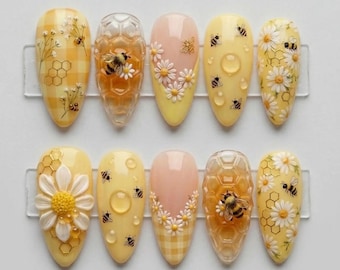 Handmade Honeycomb Press On Nails | 3D Honey Bee & Daisy Nail Art | Sweet Yellow Gingham Garden Nails