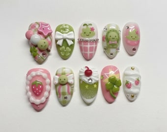 Kawaii Green Mascot Press On Nails, Handmade Pastel Strawberry Cartoon Nail Art