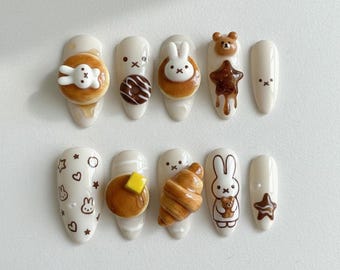 Ręcznie robione paznokcie z motywem deseru Miffy, rogaliki z pączkami 3D, urocze paznokcie z króliczkami