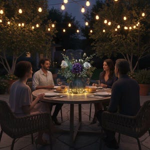 May include: An outdoor dining scene at dusk. A round wooden table is set for four, with plates, bread rolls, and wine glasses. A large floral arrangement sits in the center, illuminated by string lights. Overhead, more string lights hang from the trees.