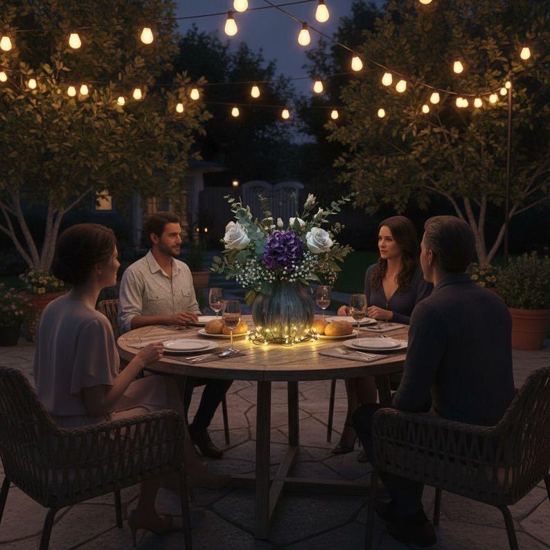 May include: An outdoor dining scene at dusk. A round wooden table is set for four, with plates, bread rolls, and wine glasses. A large floral arrangement sits in the center, illuminated by string lights. Overhead, more string lights hang from the trees.