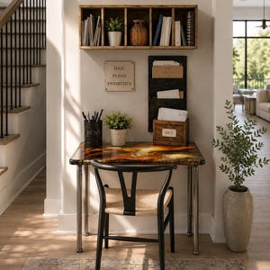 May include: A home office setup featuring a desk with a colorful resin top and metal legs, a black wooden chair with a woven seat, a wall-mounted wooden cubby shelf, a metal mail organizer, and a sign with the text MAIL PLANS PRIORITIES.