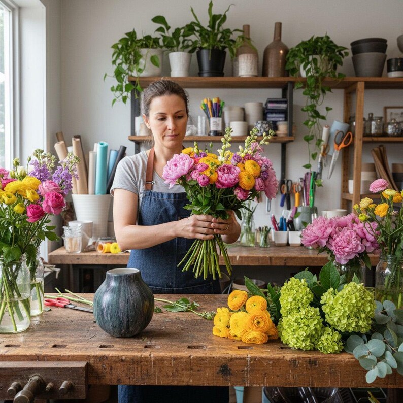 May include: A florist arranging a vibrant bouquet of pink, yellow, and purple flowers. The flowers are on a wooden workbench, with vases of flowers and a dark blue vase. Shelves with plants and tools are in the background.