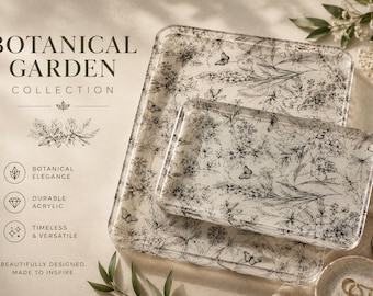 Botanical Garden Acrylic Tray Set | Floral Serving Tray | Vanity Organizer | Cottagecore Decor | Farmhouse Bathroom Tray | Coffee Table Deco