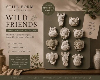 Wild Friends Safari Magnets Set – Concrete Animal Magnets with Magnetic Board – Montessori Learning Toy – Safari Nursery Decor – Educational