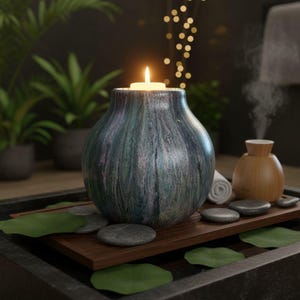May include: A teal and gray marbled ceramic candle holder with a lit candle. The holder sits on a wooden tray with gray stones and green leaves. A wooden essential oil diffuser and rolled white towels are also on the tray.