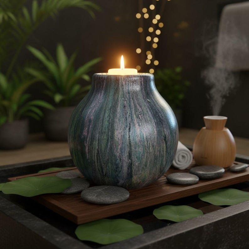 May include: A teal and gray marbled ceramic candle holder with a lit candle. The holder sits on a wooden tray with gray stones and green leaves. A wooden essential oil diffuser and rolled white towels are also on the tray.