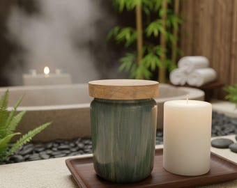 Handmade Sage Green Ceramic Sugar Canister, Wooden Lid, Farmhouse Kitchen Decor