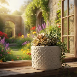 May include: A white ceramic planter with a floral pattern holds a variety of succulents. The planter sits on a wooden windowsill, with a garden visible through a window. The succulents are green and tan, and the garden has colorful flowers.