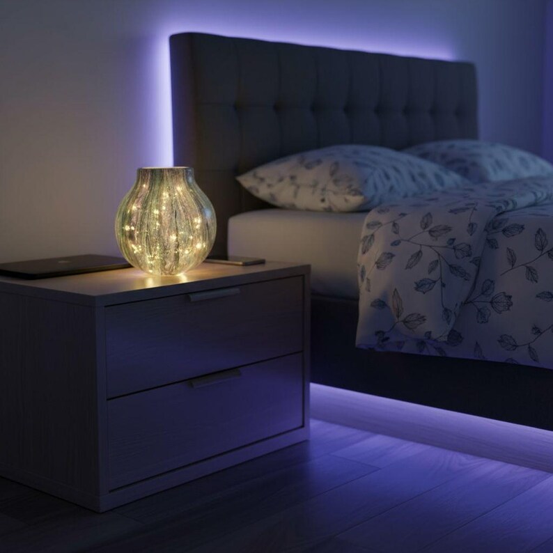 May include: A decorative glass vase with internal fairy lights sits on a nightstand next to a bed. The vase has a textured, green and silver design. The bed has a gray headboard and floral patterned bedding. The room is illuminated with blue LED lighting.