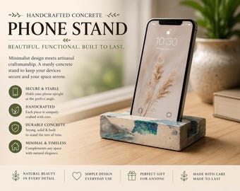 Concrete Phone Stand iPhone Dock Tablet Holder Handmade Desk Organizer Kitchen Recipe Stand Bedside Charging Dock Office Decor Gift
