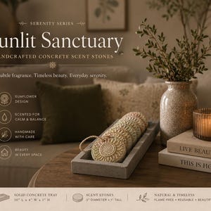 May include: A set of round, sunflower-patterned concrete scent stones arranged in a rectangular concrete tray. The tray measures 10 inches long by 4 inches wide by 1 inch high, and each stone is 3 inches in diameter and 1 inch tall.