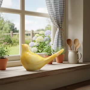 Könnte beinhalten: Eine gelbe Keramik-Vogel-Figur mit langem Schwanz sitzt auf einer Holzfensterbank. Der Vogel befindet sich vor einem Fenster mit Blick auf einen Garten. Kleine Topfpflanzen und Holzlöffel in einem Becher befinden sich ebenfalls auf der Fensterbank.