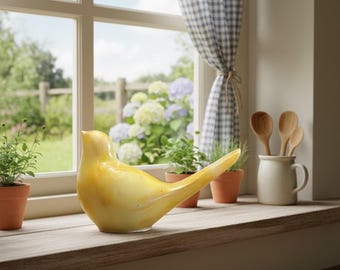 Figura de pájaro amarillo, decoración de pájaro de resina hecha a mano, acento minimalista para el hogar, decoración moderna para estantes, arte para el alféizar de la ventana de la cocina de estilo cottagecore