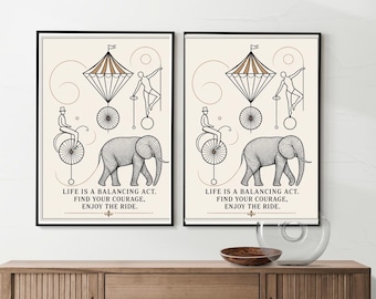 Vintage Circus Printable Wall Art, Minimalist Elephant and Acrobat Quote Print, Neutral Boho Nursery Decor, Retro Digital Download Poster