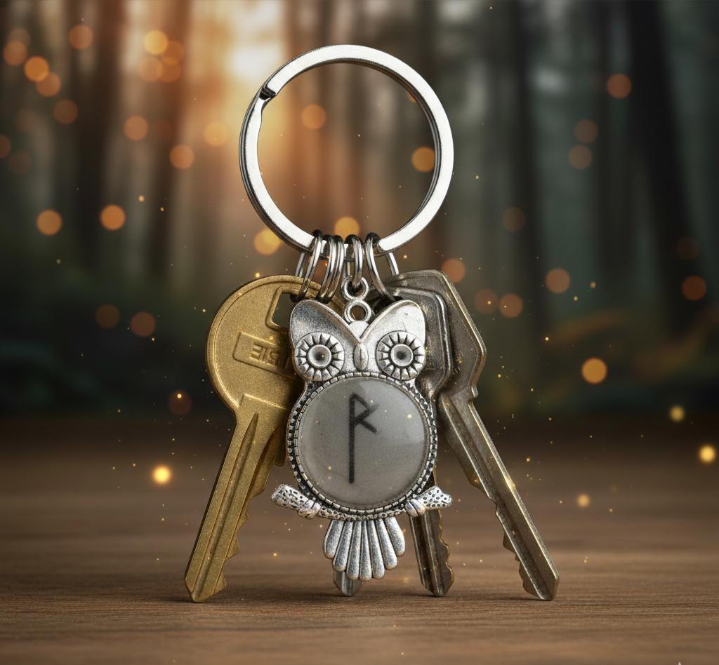 Owl Keychain, Viking Courage Symbol, Concrete Resin Norse Charm, Wisdom Protection Jewelry, Handmade