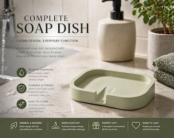 Concrete Soap Dish with Drainage Spout, Minimalist Bathroom Decor, Modern Cement Soap Holder, Kitchen Sink Tray, Handmade Functional Art