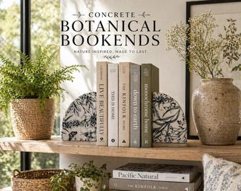 Betonowe botaniczne podpórki do książek | Ręcznie robione kwiatowe podpórki do książek | Wystrój vintage cottagecore | Czarno-biała botaniczna dekoracja półki | Wyjątkowy prezent
