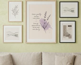 Lavender Botanical Printable Wall Art, Inspirational Quote Print, Minimalist Purple Floral Decor, Cottagecore Boho Digital Download