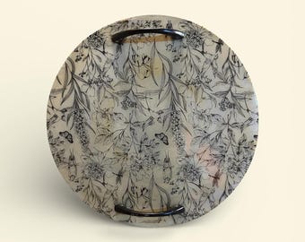 Concrete Botanical Bird Serving Tray – Round with Handles, Cottagecore Farmhouse Decor