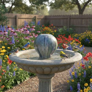 May include: A stone bird bath with a central water feature, surrounded by colorful flowers and several small birds. The bird bath has a decorative base and a round basin filled with water. The background includes a wooden fence and lush greenery.
