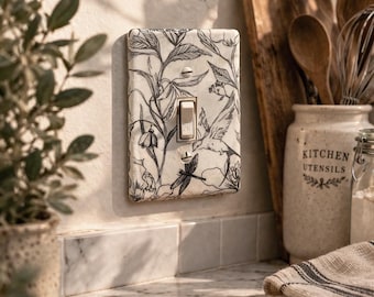 Botanical Light Switch Cover, Vintage Farmhouse Floral Wall Plate, Cottagecore Cement Decor