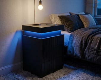 Nightstand with Charging Station and LED Lights, Fluted Walnut Bedside Table | Mid Century Modern Sliding Top | Bedroom Storage Furniture