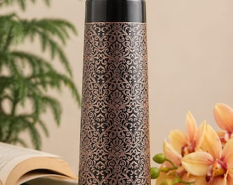 Engraved Copper Water Bottle | Black Damask Pattern Flask, Ayurvedic Wellness Thermos
