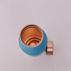 May include: A teal water bottle with a copper interior and a copper cap. The bottle has a rounded shape and a smooth finish. The cylindrical cap is attached to the side. The bottle is designed for carrying liquids.