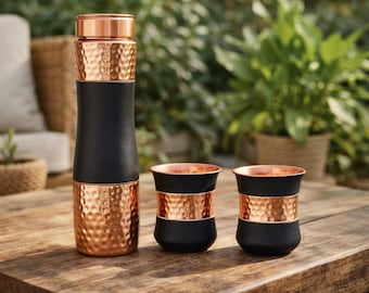 Hammered Copper Water Bottle Set with Cups | Ayurvedic Wellness Drinkware