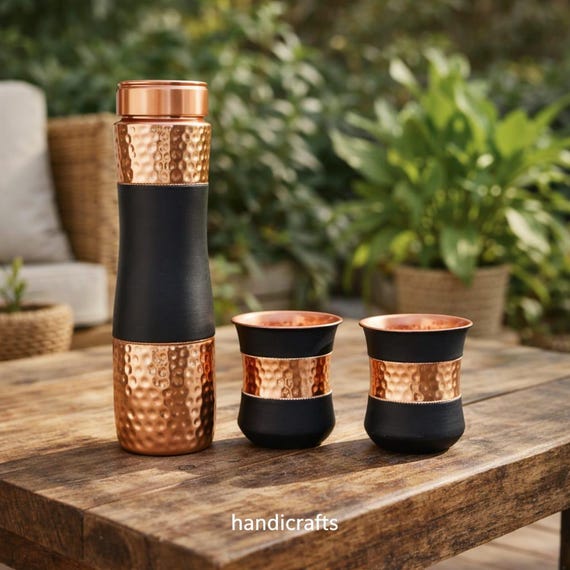 Hammered Copper Water Bottle Set – Modern Black, Ayurvedic Drinkware