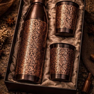 Puede incluir: Un juego de bebidas de color cobre que incluye una botella y dos vasos a juego, todos con un intrincado diseño floral, presentado en una caja de regalo. El juego se exhibe sobre una superficie texturizada.