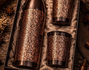 Handcrafted Copper Water Bottle Set with 2 Cups – Ayurvedic Engraved Design, Eco-Friendly Wellness Gift